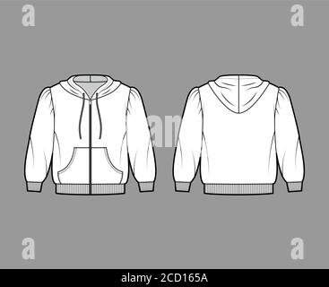 Felpa con cappuccio in Jersey di cotone con zip con spalle gonfie, maniche a gomito, tasca anteriore. Mascherina per ponticelli piatta, colore bianco sul retro anteriore. Donna uomo maglia unisex Illustrazione Vettoriale