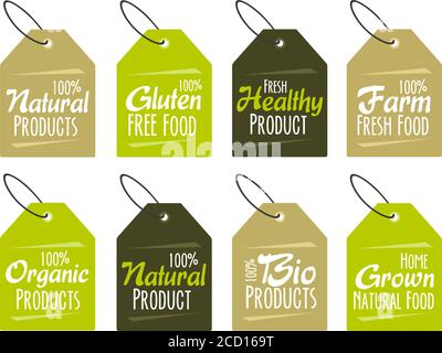 Set di etichette e badge per prodotti biologici, naturali, biologici ed ecologici isolati su sfondo bianco. Eps10. Illustrazione Vettoriale
