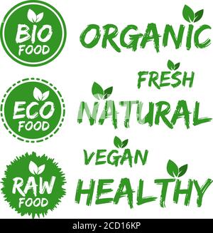 Adesivi bio-alimentari. Set di adesivi verdi. Eps10. Illustrazione Vettoriale