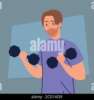 uomo che fa esercizi con manubri, sport ricreazione concetto Illustrazione Vettoriale