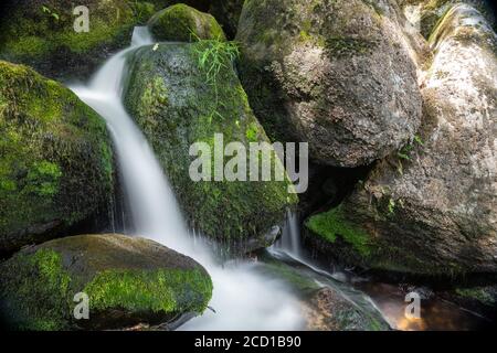 Lunga esposizione di una cascata a Becky Falls a Dartmoor Parco nazionale Foto Stock