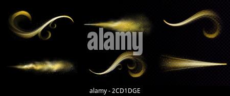Spray oro magico, polvere di glitter fata con particelle dorate. Sentieri di Stardust, onde incandescenti con scintille e fumo. Shimmer luminoso giallo su sfondo nero insieme di clipart 3D vettoriali isolate realistiche Illustrazione Vettoriale