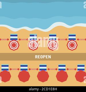 Illustrazione vettoriale che apre le spiagge dopo la quarantena COVID-19, pandemia di coronavirus. Ombrelloni, luoghi per rilassarsi a distanza Social Distancing. SUMM Illustrazione Vettoriale