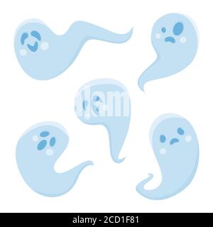 Cartoon carino halloween ghosts set. Illustrazione vettoriale. Illustrazione Vettoriale