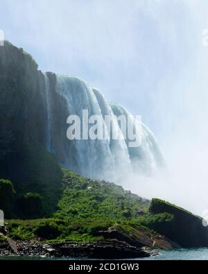 Vista della cascata Canadian Horseshoe da sotto il fiume Niagara. Foto Stock