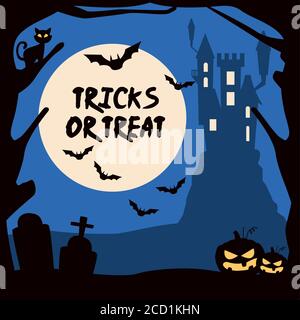 halloween trucchi o trattare la scritta con castello vettore illustrazione disegno Illustrazione Vettoriale