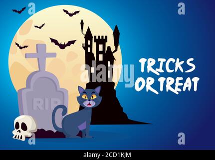 halloween trucchi o trattare la scritta con il castello e gatto dentro disegno di illustrazione vettoriale del cimitero Illustrazione Vettoriale