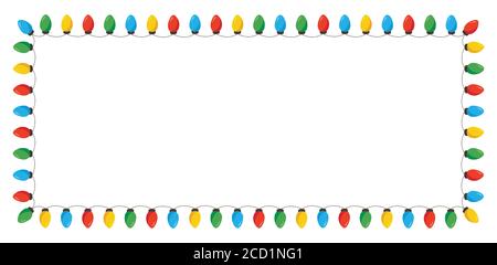 Vector retro Colourful Holiday Natale e Capodanno String Lights Cornice rettangolare isolata su sfondo bianco Illustrazione Vettoriale
