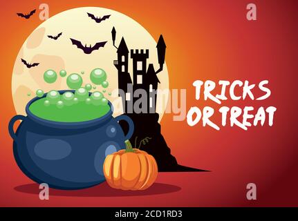 halloween trucchi o trattare la scritta con cauldron strega e castello disegno di illustrazione vettoriale Illustrazione Vettoriale