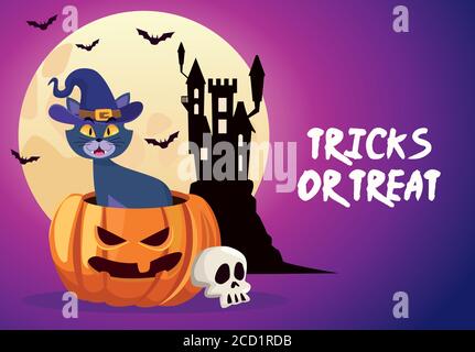 halloween trucchi o trattare la scritta con il castello e gatto poco nel disegno di illustrazione vettoriale della zucca Illustrazione Vettoriale