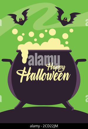 happy halloween carta con strega cauldron e pipistrelli illustrazione vettoriale design Illustrazione Vettoriale