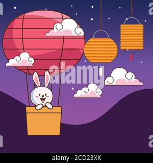 tessera festiva a metà autunno con un piccolo coniglio che viaggia in mongolfiera disegno di illustrazione di vettore di aria calda Illustrazione Vettoriale