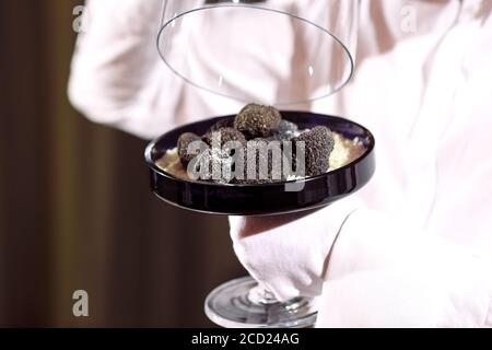 Ristorante lo chef delicatezza. tartufo cibo vegan fungo. servizio cameriere concetto di pasto Foto Stock