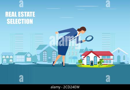 Vettore di un agente immobiliare alla ricerca di un buon affare immobiliare, la casa migliore per i soldi Illustrazione Vettoriale