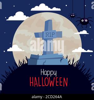 allegro banner halloween con tombstone e ragni Illustrazione Vettoriale