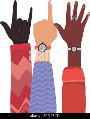 Numer un segno rock e aprire le mani su di diversi tipi di skin design, diversità persone multietnica razza e comunità tema illustrazione vettoriale Illustrazione Vettoriale