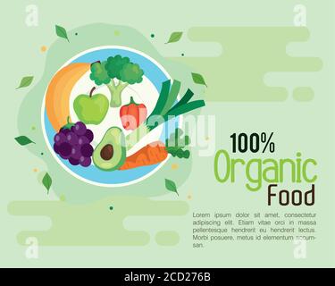 banner con 100% cibo biologico, concetto di cibo sano Illustrazione Vettoriale