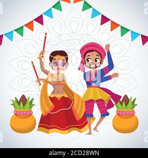 felice card di celebrazione navratri con danze di coppia e vettore di ghirlande disegno dell'illustrazione Illustrazione Vettoriale