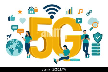 Concetto di tecnologia mobile Internet di rete 5G. Sistemi wireless 5G e Internet of Things . Internet mobile ad alta velocità. Utilizzo di dispositivi digitali moderni Illustrazione Vettoriale