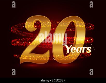 20 anni di celebrazione del logo 3d del golden anniversary con scintillanti particelle scintillanti del percorso della polvere a spirale. Venti anni di design moderno Illustrazione Vettoriale