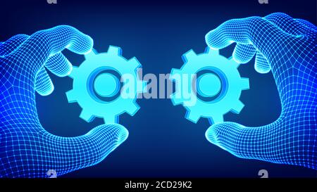 Collegare gli ingranaggi con due mani. Simbolo di associazione e connessione. Creazione di un sistema aziendale. Lavoro di squadra, concetto di cooperazione. Idea aziendale, soluzioni Illustrazione Vettoriale