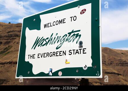 Benvenuto a Washington dall'Oregon, cartello di confine sulla Lewiston Autostrada Foto Stock