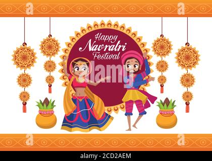 felice carta di celebrazione navratri scritta con coppia danzante illustrazione vettoriale design Illustrazione Vettoriale