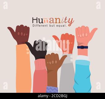 Umanità diversa ma uguale e diversità come hands up design, la razza multietnica persone e tema comunità illustrazione vettoriale Illustrazione Vettoriale