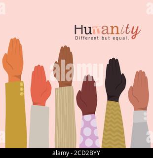 Umanità diversa, ma uguale e diversità aprono il design mani su, la razza multietnica delle persone e la comunità tema illustrazione vettoriale Illustrazione Vettoriale