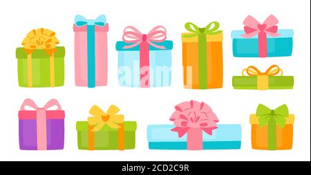 Presentare il set piatto della scatola. Cartoni animati di compleanno diverse forme, archi a nastro. Regali moderni colorati tradizionali. Presenta la collezione pacchetto, anniversario, festa di celebrazione. Illustrazione vettoriale Illustrazione Vettoriale