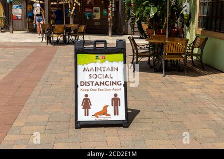 Un promemoria di distanza sociale su un patio del Fort Wayne Children's Zoo. Foto Stock