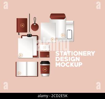 set mockup con marcare a caldo marrone di identità aziendale e cancelleria Disegno tema illustrazione vettoriale Illustrazione Vettoriale