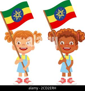 Bandiera dell'Etiopia in mano. Bambini con bandiera. Bandiera nazionale di Etiopia vettore Illustrazione Vettoriale