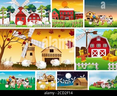 Insieme di diverse scene di fattoria con un'illustrazione di stile cartoon fattoria animale Illustrazione Vettoriale