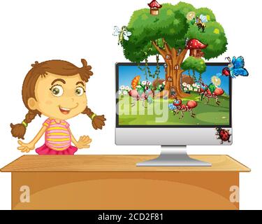 Fata di cartone animato di insetto su illustrazione di sfondo del computer Illustrazione Vettoriale