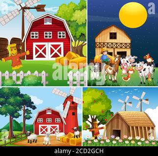 Insieme di diverse scene di fattoria con un'illustrazione di stile cartoon fattoria animale Illustrazione Vettoriale