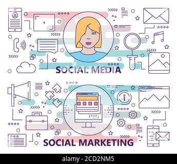 Insieme vettoriale di banner con modelli di concetto di social media e social marketing. Elementi di design moderno e sottile, simboli e icone per il menu del sito Web Illustrazione Vettoriale