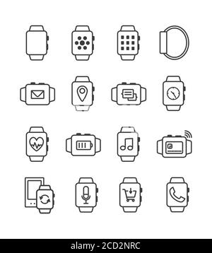 Set di icone di smart watch vettoriali outline. Simboli smartwatch. Fitness tracker, pagamento mobile, sincronizzazione. Pittogramma di orologio intelligente, icone di smartwatch Illustrazione Vettoriale