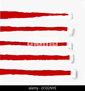 Set di fori in carta bianca con copyspace rosso. Carta strappata con bordi strappati e rotoli di carta Illustrazione Vettoriale