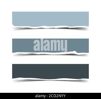 Set di tre striscioni di carta strappata vettoriale. Colore frammenti di carta isolati su sfondo bianco. Illustrazione Vettoriale