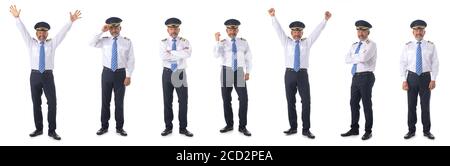Foto di un pilota di linea aerea che indossa le quattro barre Captains epulettes, pilota di prima persona, comandante di aeromobili, isolato su sfondo bianco, set di lunghezza completa Foto Stock