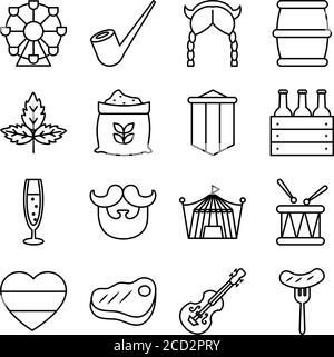 set di icone della bandiera tedesca e oktoberfest su sfondo bianco, stile linea, illustrazione vettoriale Illustrazione Vettoriale