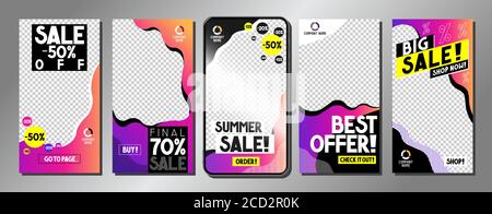 Pubblicità sui social media - modelli di vendita - illustrazione vettoriale, proporzioni 16:9 Illustrazione Vettoriale