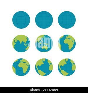 Insieme di icone vettoriali a globo flate, segni a globo vettoriale isolati su bianco. Icone a globo per il Web e le applicazioni. Concetto di viaggio. Collezione di icone globo con Illustrazione Vettoriale