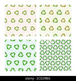 Set di quattro sfondi a riciclo piatto vettoriale senza giunture. Modelli senza cuciture per un design ecologico. Modello di riciclo per imballaggio, stampa Illustrazione Vettoriale