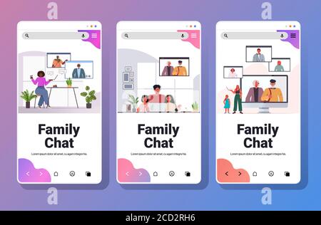 impostare mix di nonni di razza genitori e bambini che hanno una riunione virtuale durante la videochiamata, il concetto di comunicazione chat di famiglia sullo smartphone consente di visualizzare la raccolta delle schermate illustrazione vettoriale orizzontale Illustrazione Vettoriale