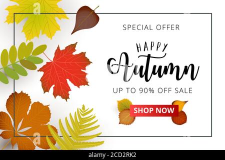 Banner pubblicitario della stagione autunnale. Autunno che cade foglie rosse, gialle, arancioni, marroni su sfondo luminoso. Modello di banner di vendita o poster promozionale. Illustrazione Vettoriale