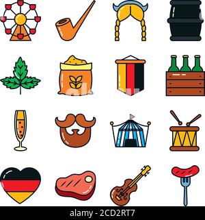 set di icone della bandiera tedesca e oktoberfest su sfondo bianco, stile linea e riempimento, illustrazione vettoriale Illustrazione Vettoriale