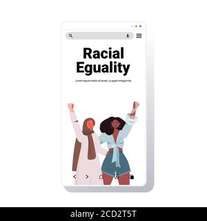 mix di donne di razza attivisti che tengono alzato le mani uguaglianza razziale giustizia sociale fermare la discriminazione concetto ritratto smartphone schermo spazio di copia illustrazione vettoriale Illustrazione Vettoriale