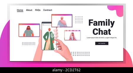 utilizzo delle mani tramite smartphone che chiacchierano con persone arabe nel browser web windows durante la riunione virtuale videochiamata chat di famiglia comunicazione online illustrazione vettoriale orizzontale concettuale Illustrazione Vettoriale
